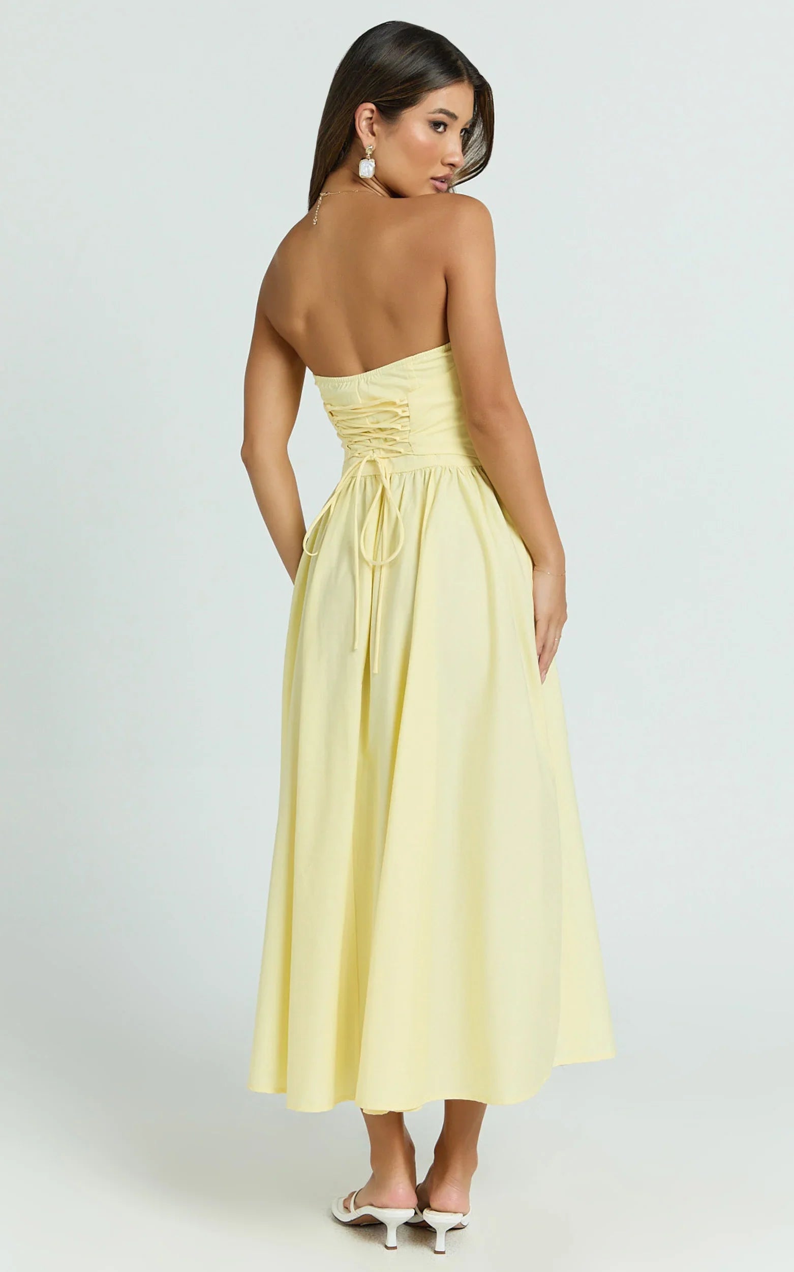 Daria Midi Dress - Strapless Corset Gathered Dress in Lemon