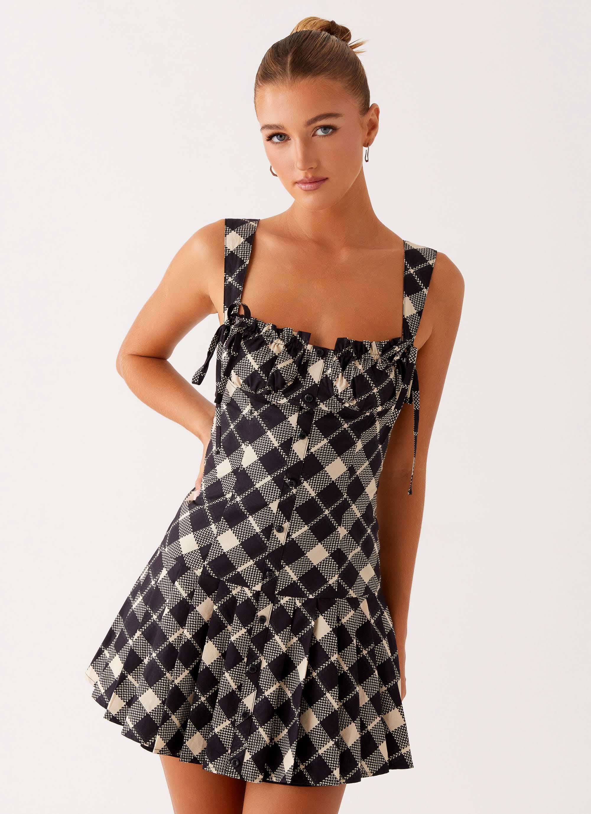 Tuni Mini Dress - Taupe Check