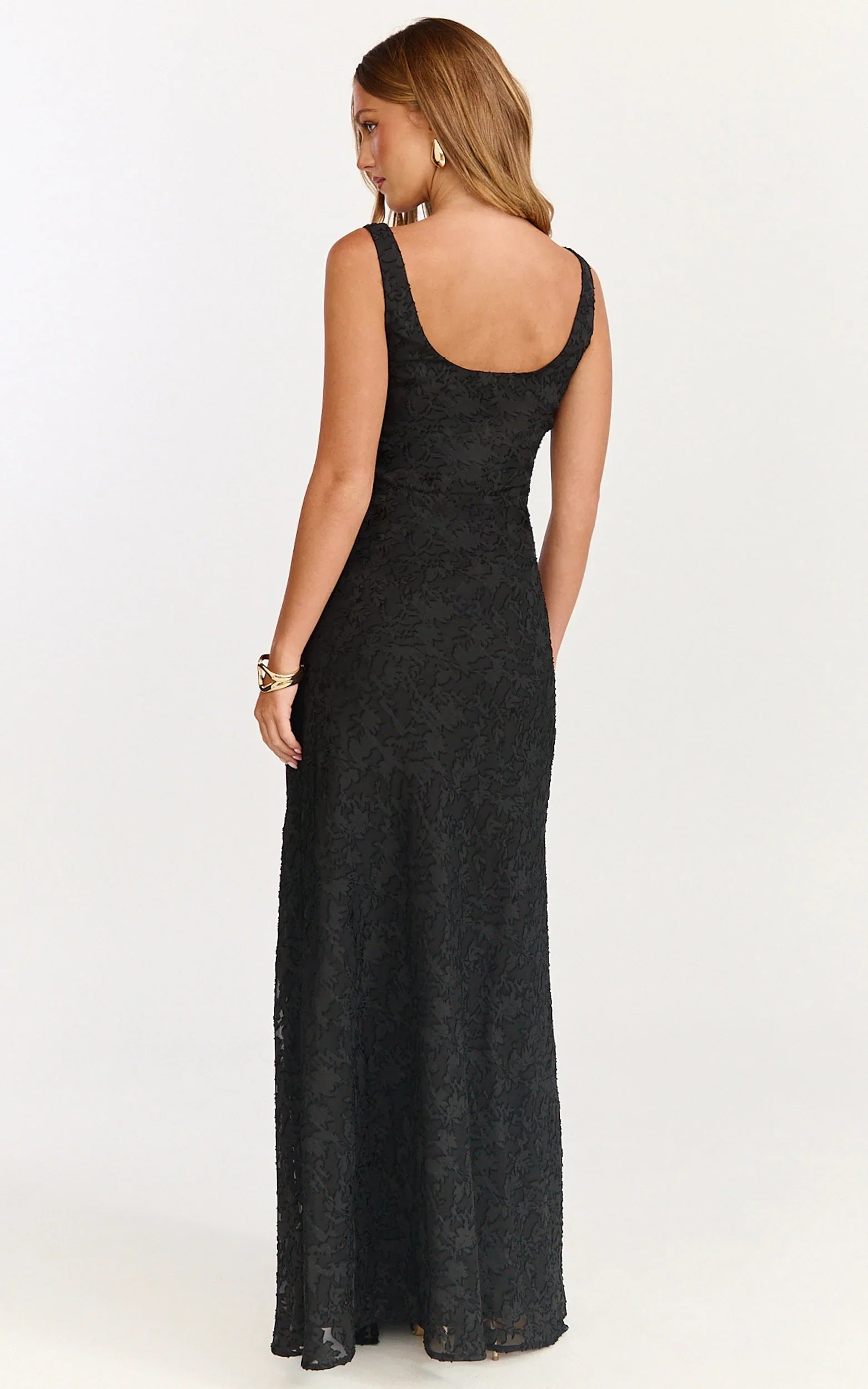 Rachel Maxi Dress - Cowl Neck Jacquard Front Split Dress in Black