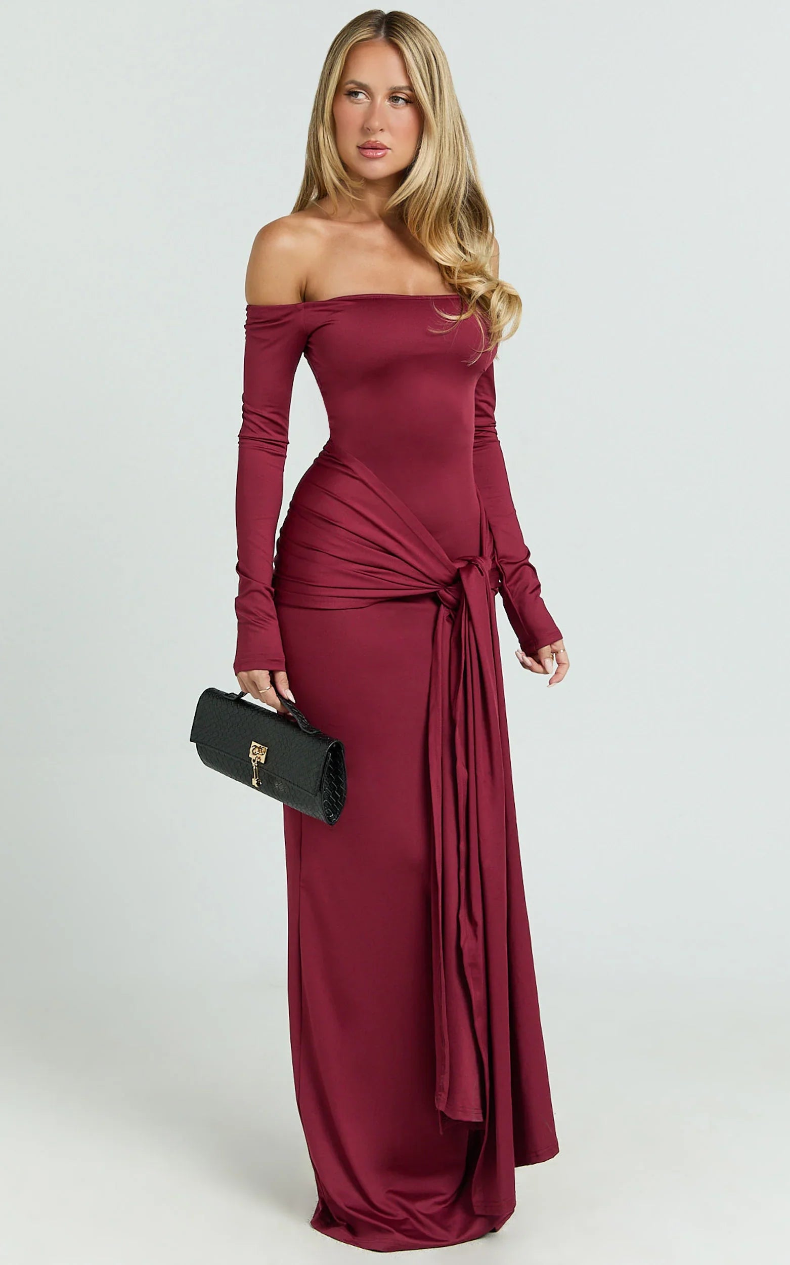 Judith Maxi Dress - Boat Neck Backless Tie Front Long Sleeve Jersey Dress in Wine