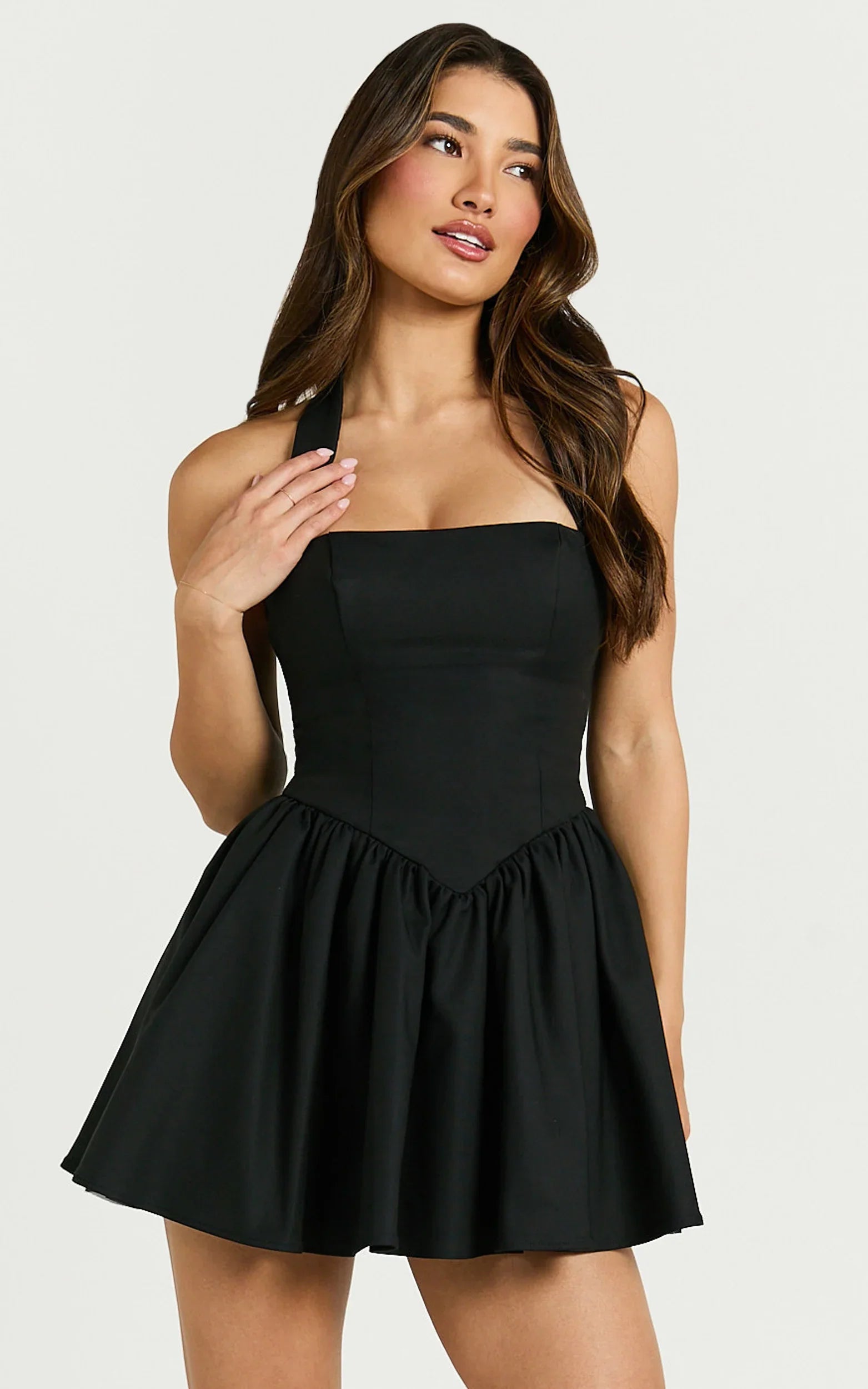 Helda Mini Dress - Halter Tie Neck Corset Panel Dress in Black