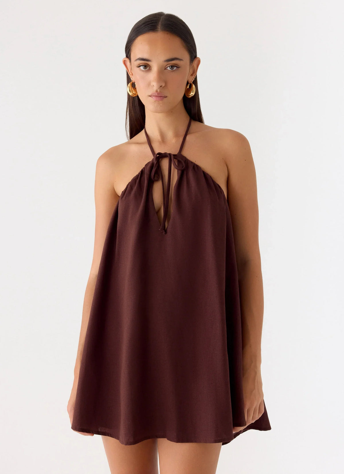Soft Breeze Linen Mini Dress - Chocolate