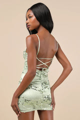 Riveting Shine Light Sage Green Lace Sequin Lace-Up Mini Dress